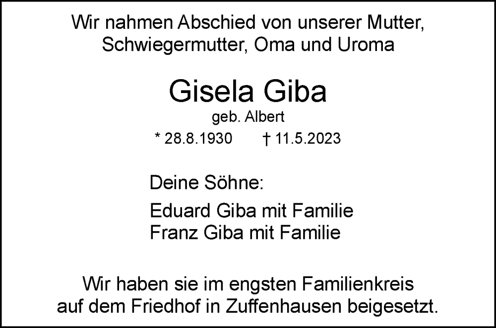  Traueranzeige für Gisela Giba vom 31.05.2023 aus Stuttgarter Zeitung / Stuttgarter Nachrichten
