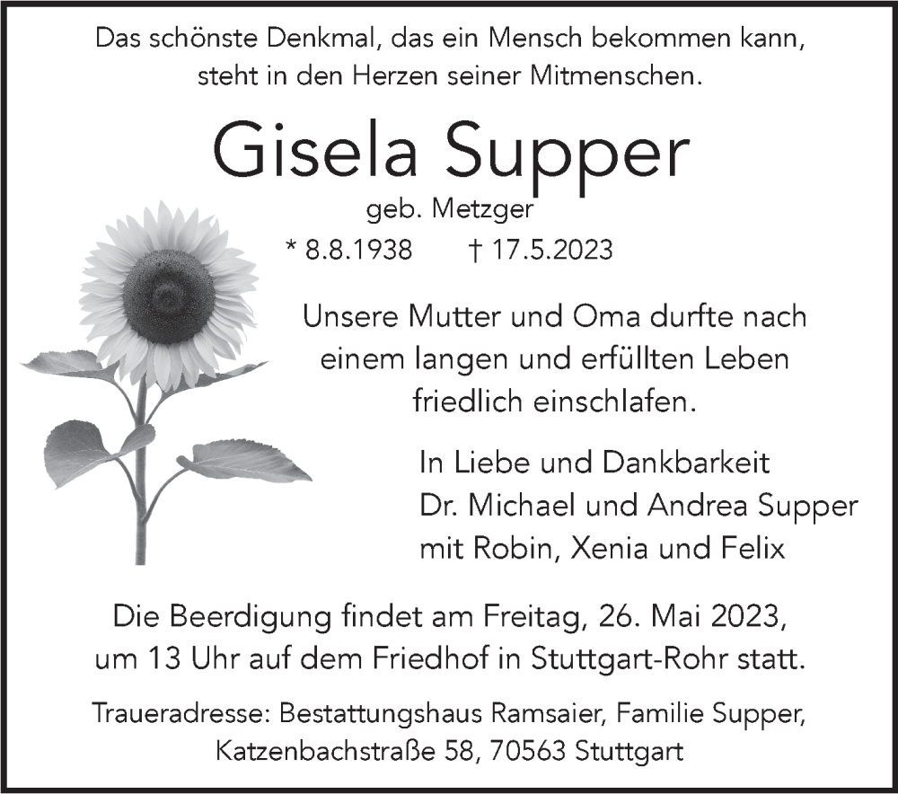 Traueranzeige für Gisela Supper vom 25.05.2023 aus Stuttgarter Zeitung / Stuttgarter Nachrichten