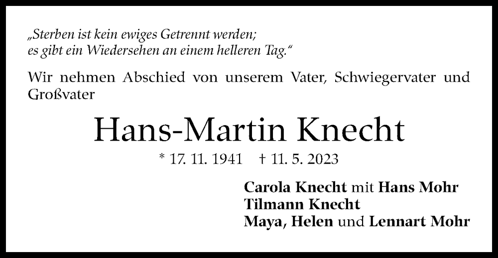  Traueranzeige für Hans-Martin Knecht vom 23.05.2023 aus Stuttgarter Zeitung / Stuttgarter Nachrichten