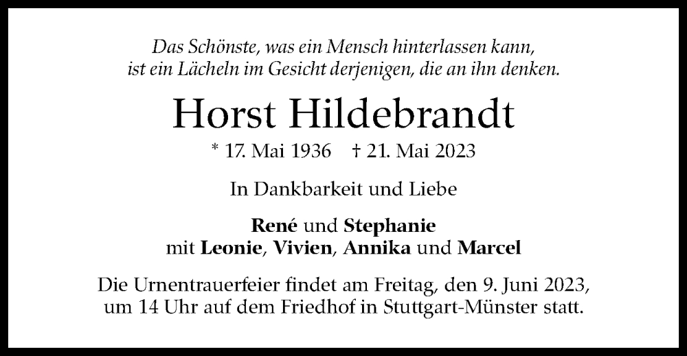  Traueranzeige für Horst Hildebrandt vom 27.05.2023 aus Stuttgarter Zeitung / Stuttgarter Nachrichten