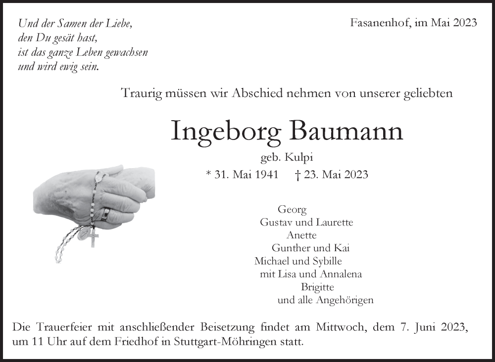  Traueranzeige für Ingeborg Baumann vom 31.05.2023 aus Stuttgarter Zeitung / Stuttgarter Nachrichten