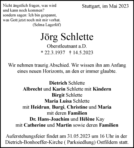 Traueranzeige von Jörg Schlette von Stuttgarter Zeitung / Stuttgarter Nachrichten