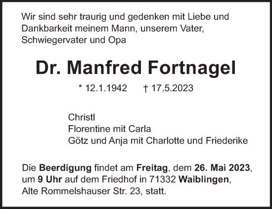 Traueranzeige von Manfred Fortnagel von Stuttgarter Zeitung / Stuttgarter Nachrichten