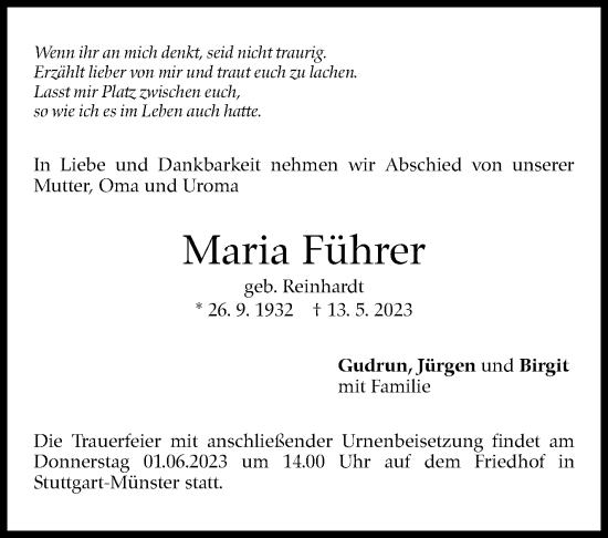 Traueranzeige von Maria Führer von Stuttgarter Zeitung / Stuttgarter Nachrichten