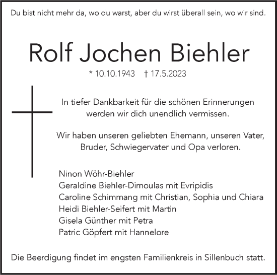 Traueranzeige von Rolf Jochen Biehler von Stuttgarter Zeitung / Stuttgarter Nachrichten