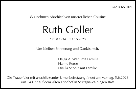 Traueranzeige von Ruth Goller von Stuttgarter Zeitung / Stuttgarter Nachrichten