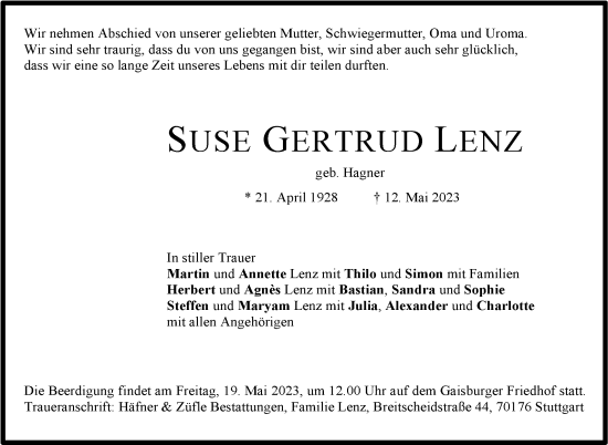 Traueranzeige von Suse Gertrud Lenz von Stuttgarter Zeitung / Stuttgarter Nachrichten