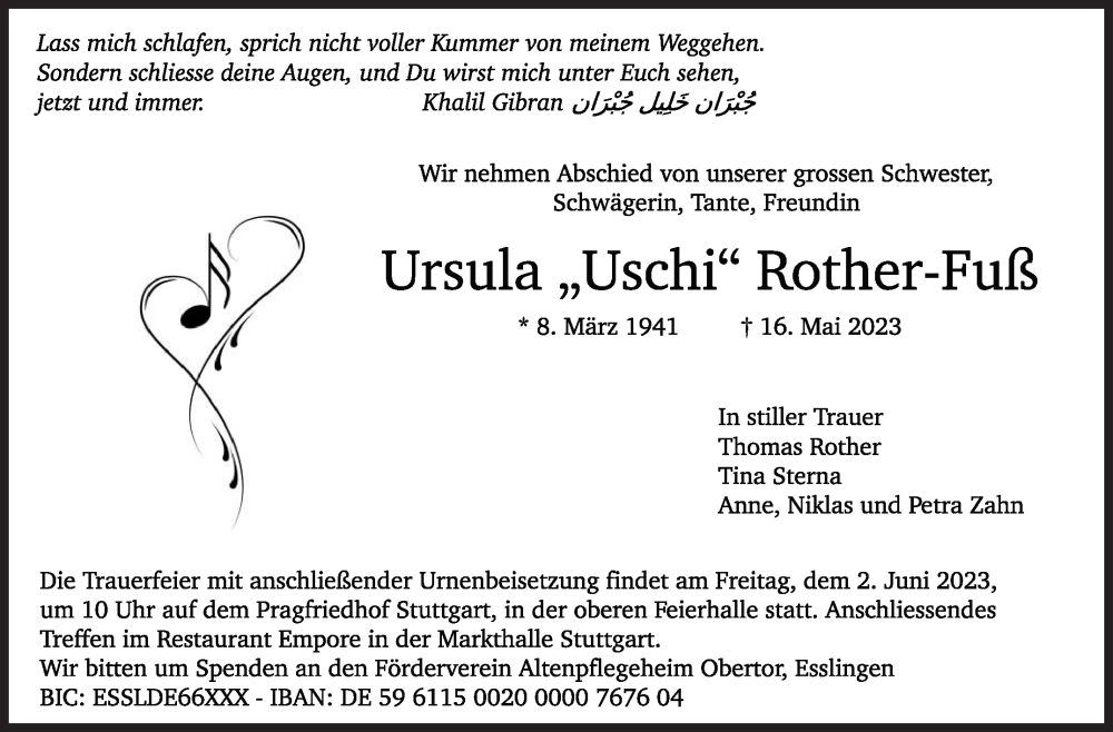  Traueranzeige für Ursula Rother-Fuß vom 31.05.2023 aus Stuttgarter Zeitung / Stuttgarter Nachrichten