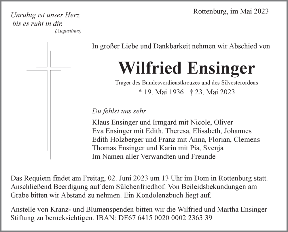  Traueranzeige für Wilfried Ensinger vom 31.05.2023 aus Stuttgarter Zeitung / Stuttgarter Nachrichten
