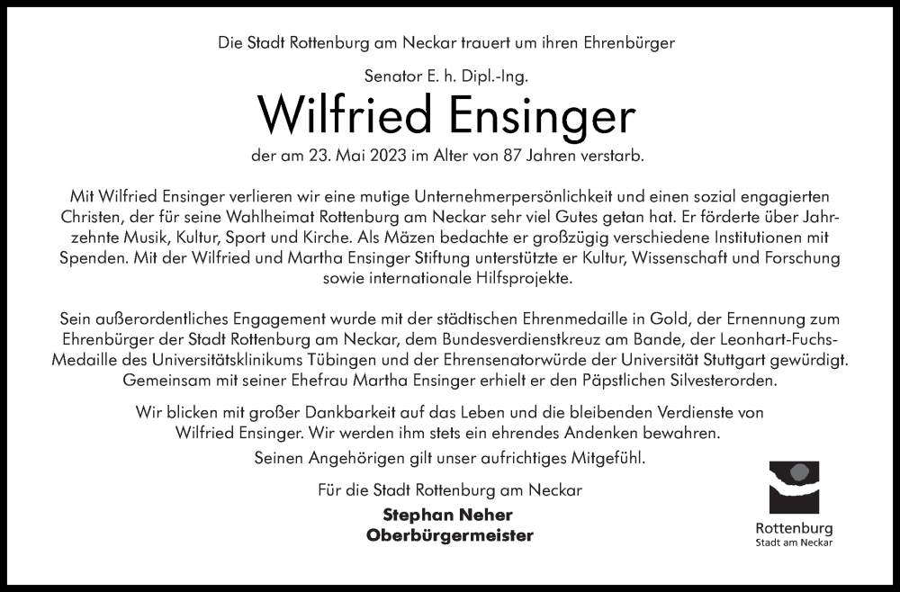  Traueranzeige für Wilfried Ensinger vom 31.05.2023 aus Stuttgarter Zeitung / Stuttgarter Nachrichten