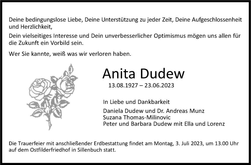  Traueranzeige für Anita Dudew vom 28.06.2023 aus Stuttgarter Zeitung / Stuttgarter Nachrichten