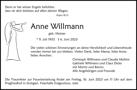 Traueranzeige von Anne Willmann von Stuttgarter Zeitung / Stuttgarter Nachrichten