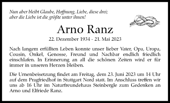Traueranzeige von Arno Ranz von Stuttgarter Zeitung / Stuttgarter Nachrichten