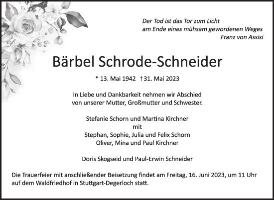 Traueranzeige von Bärbel Schrode-Schneider von Stuttgarter Zeitung / Stuttgarter Nachrichten