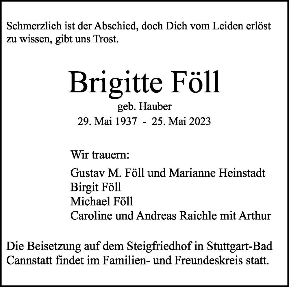  Traueranzeige für Brigitte Föll vom 03.06.2023 aus Stuttgarter Zeitung / Stuttgarter Nachrichten