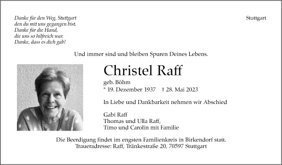 Traueranzeige von Christel Raff von Stuttgarter Zeitung / Stuttgarter Nachrichten