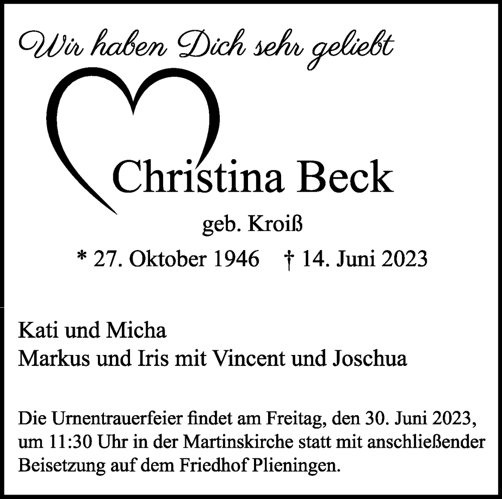  Traueranzeige für Christina Beck vom 24.06.2023 aus Stuttgarter Zeitung / Stuttgarter Nachrichten
