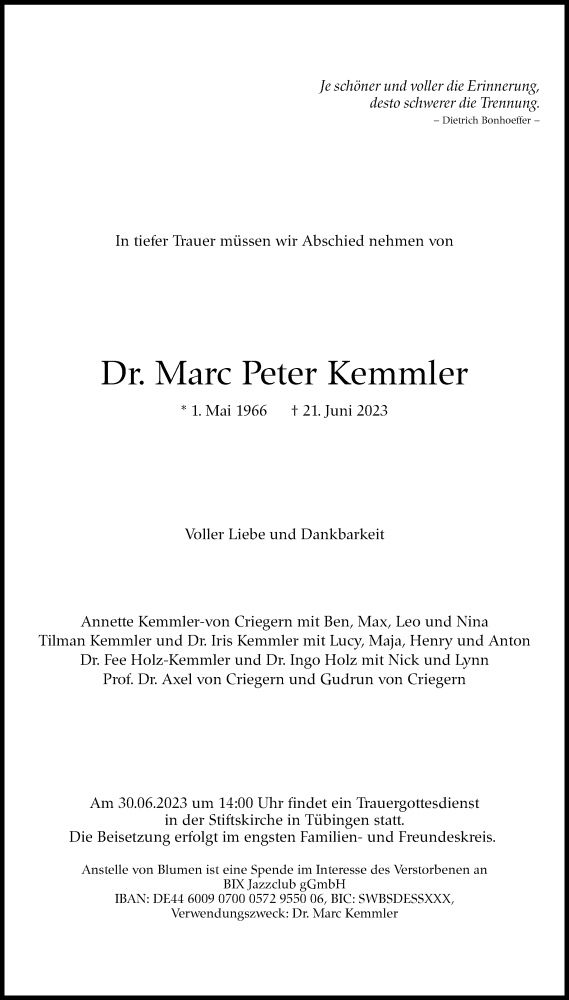  Traueranzeige für Marc Peter Kemmler vom 24.06.2023 aus Stuttgarter Zeitung / Stuttgarter Nachrichten