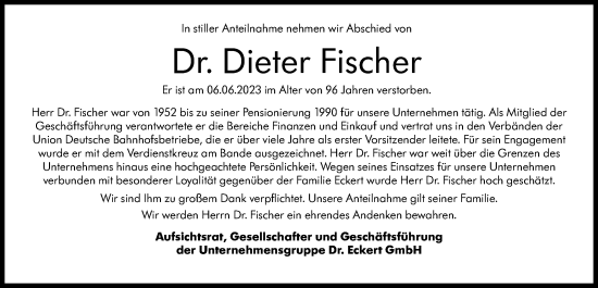 Traueranzeige von Dieter Fischer von Stuttgarter Zeitung / Stuttgarter Nachrichten