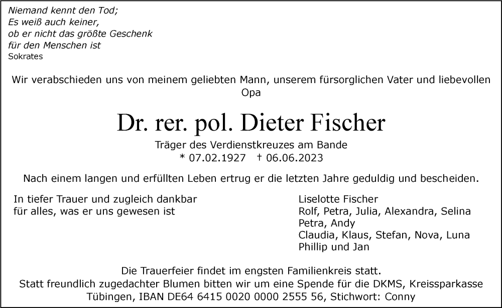  Traueranzeige für Dieter Fischer vom 15.06.2023 aus Stuttgarter Zeitung / Stuttgarter Nachrichten
