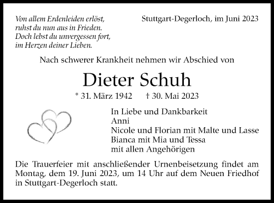 Traueranzeige von Dieter Schuh von Stuttgarter Zeitung / Stuttgarter Nachrichten
