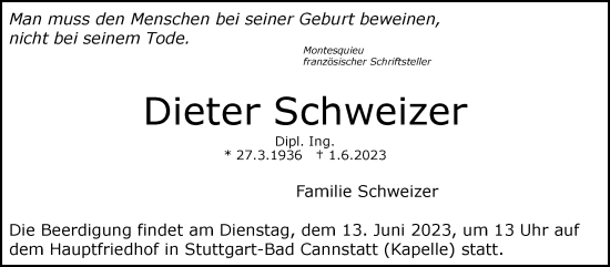 Traueranzeige von Dieter Schweizer von Stuttgarter Zeitung / Stuttgarter Nachrichten