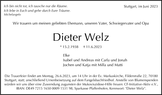 Traueranzeige von Dieter Welz von Stuttgarter Zeitung / Stuttgarter Nachrichten