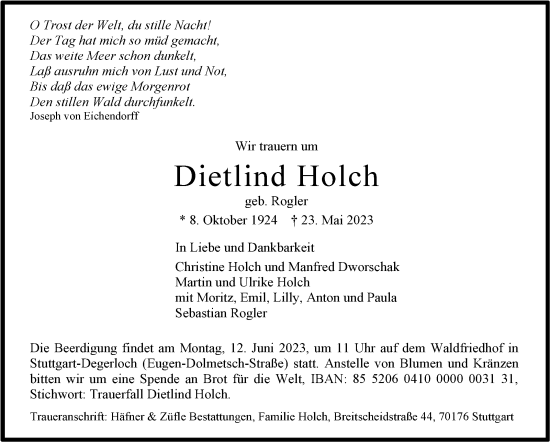 Traueranzeige von Dietlind Holch von Stuttgarter Zeitung / Stuttgarter Nachrichten
