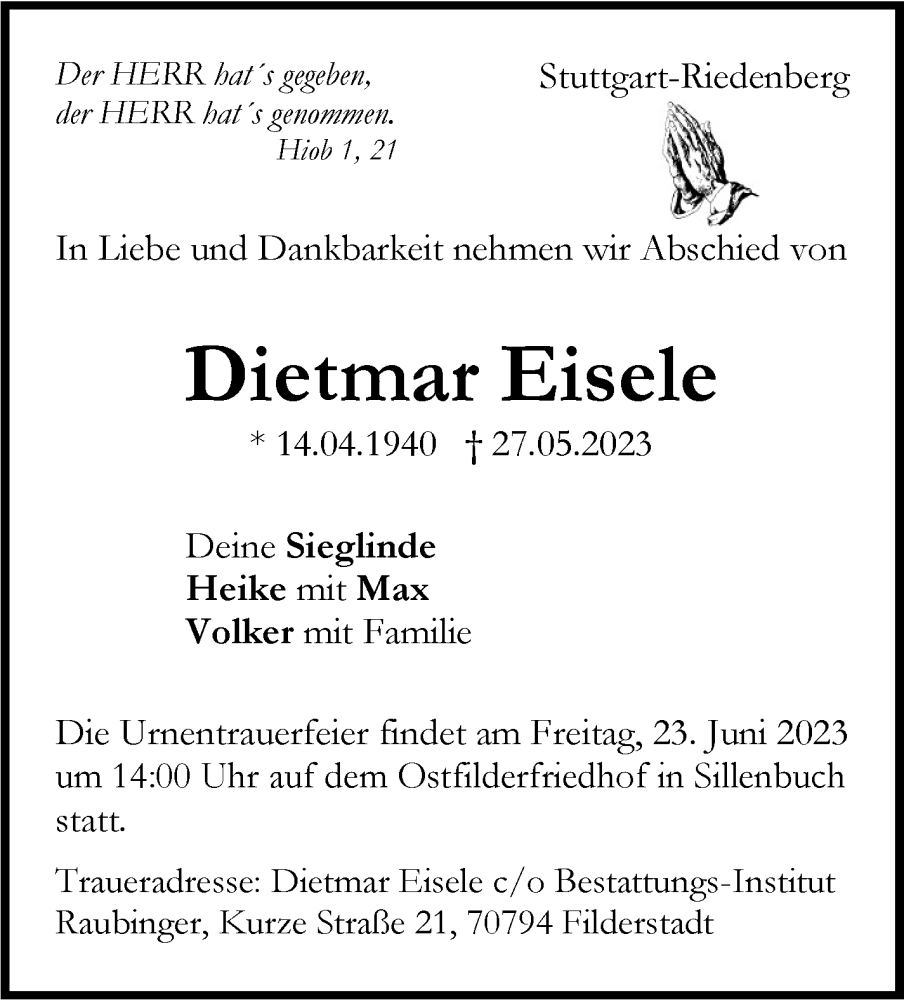  Traueranzeige für Dietmar Eisele vom 10.06.2023 aus Stuttgarter Zeitung / Stuttgarter Nachrichten