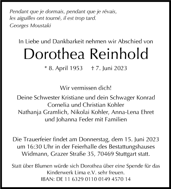 Traueranzeige von Dorothea Reinhold von Stuttgarter Zeitung / Stuttgarter Nachrichten