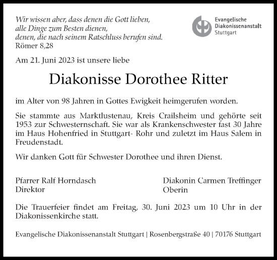 Traueranzeige von Dorothee Ritter von Stuttgarter Zeitung / Stuttgarter Nachrichten