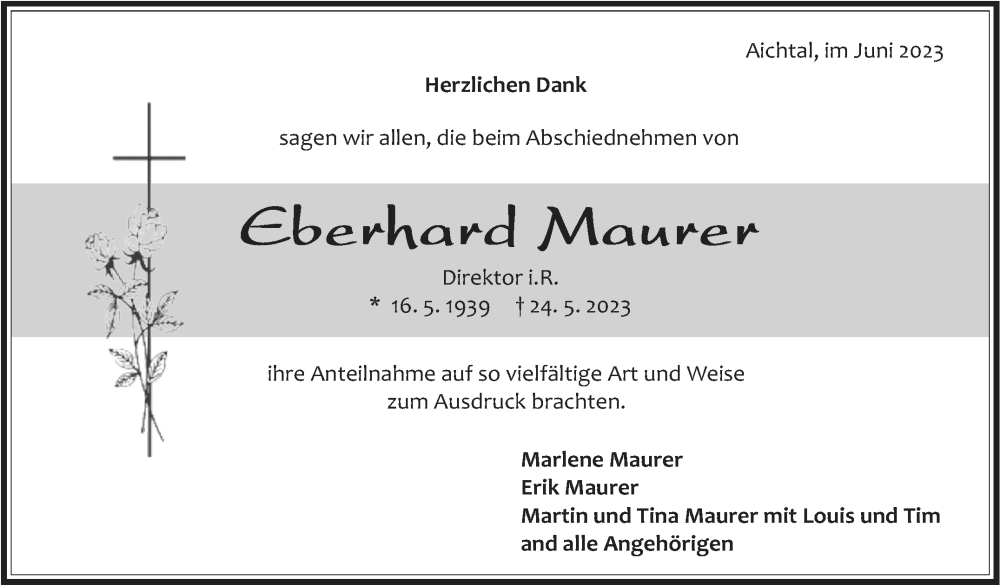  Traueranzeige für Eberhard Maurer vom 24.06.2023 aus Stuttgarter Zeitung / Stuttgarter Nachrichten