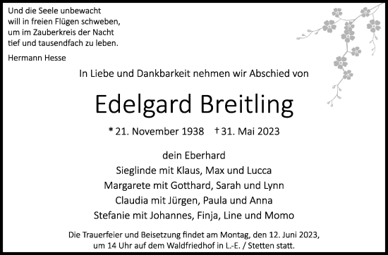 Traueranzeige von Edelgard Breitling von Stuttgarter Zeitung / Stuttgarter Nachrichten