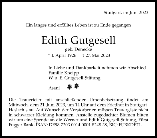 Traueranzeige von Edith Gutgesell von Stuttgarter Zeitung / Stuttgarter Nachrichten