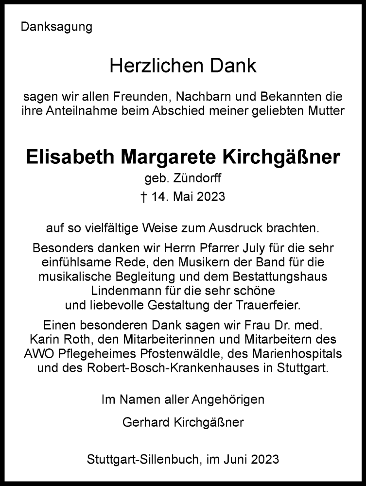 Traueranzeige für Elisabeth Margarete Kirchgäßner vom 17.06.2023 aus Stuttgarter Zeitung / Stuttgarter Nachrichten
