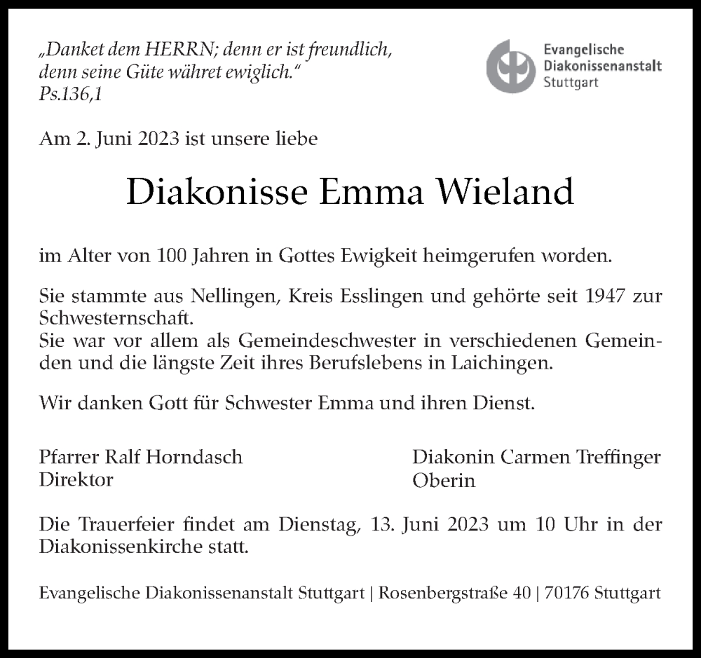  Traueranzeige für Emma Wieland vom 07.06.2023 aus Stuttgarter Zeitung / Stuttgarter Nachrichten