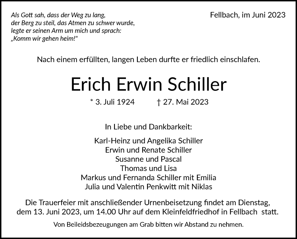  Traueranzeige für Erich Erwin Schiller vom 07.06.2023 aus Stuttgarter Zeitung / Stuttgarter Nachrichten
