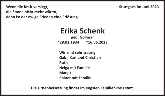 Traueranzeige von Erika Schenk von Stuttgarter Zeitung / Stuttgarter Nachrichten