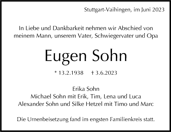 Traueranzeige von Eugen Sohn von Stuttgarter Zeitung / Stuttgarter Nachrichten