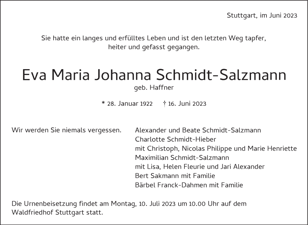  Traueranzeige für Eva Maria Johanna Schmidt-Salzmann vom 26.06.2023 aus Stuttgarter Zeitung / Stuttgarter Nachrichten