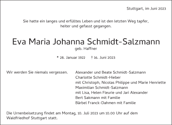 Traueranzeige von Eva Maria Johanna Schmidt-Salzmann von Stuttgarter Zeitung / Stuttgarter Nachrichten