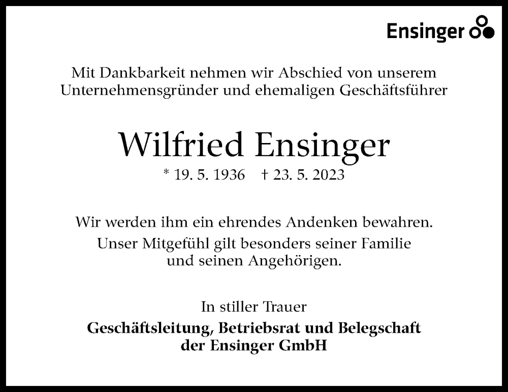 Traueranzeige für Wilfried Ensinger vom 31.05.2023 aus Stuttgarter Zeitung / Stuttgarter Nachrichten