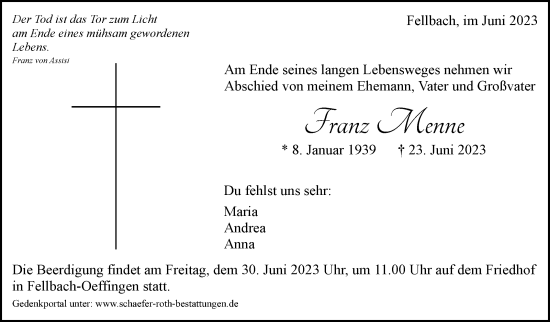 Traueranzeige von Franz Menne von Stuttgarter Zeitung / Stuttgarter Nachrichten