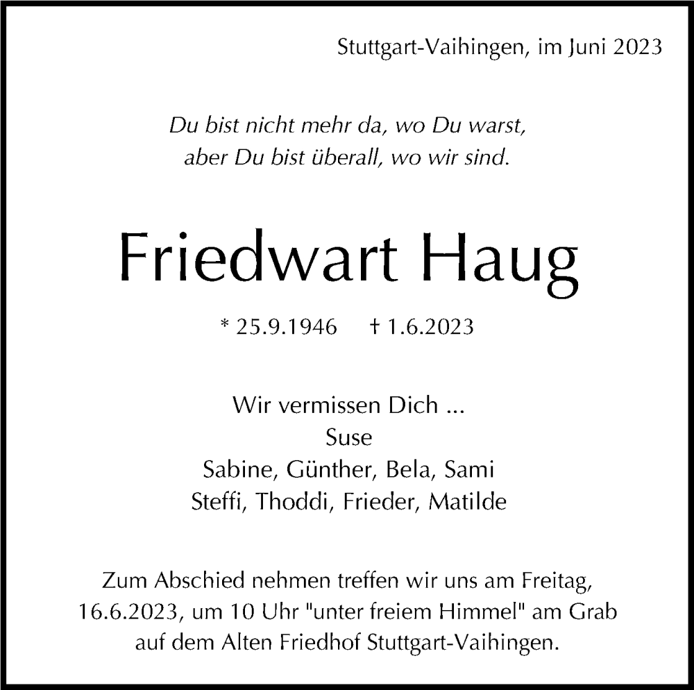  Traueranzeige für Friedwart Haug vom 10.06.2023 aus Stuttgarter Zeitung / Stuttgarter Nachrichten