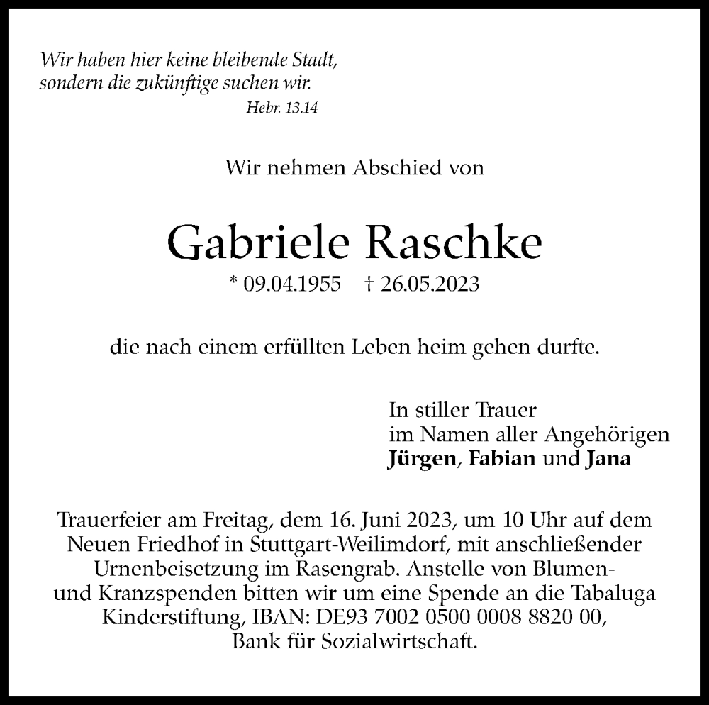  Traueranzeige für Gabriele Raschke vom 10.06.2023 aus Stuttgarter Zeitung / Stuttgarter Nachrichten