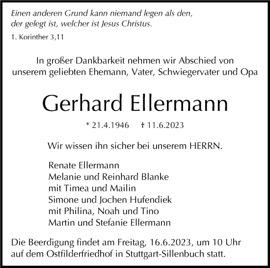 Traueranzeige von Gerhard Ellermann von Stuttgarter Zeitung / Stuttgarter Nachrichten