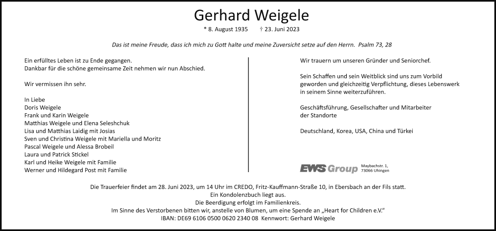  Traueranzeige für Gerhard Weigele vom 28.06.2023 aus Stuttgarter Zeitung / Stuttgarter Nachrichten