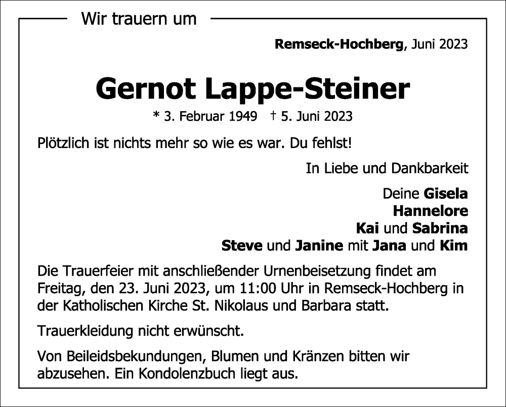  Traueranzeige für Gernot Lappe-Steiner vom 16.06.2023 aus Stuttgarter Zeitung / Stuttgarter Nachrichten