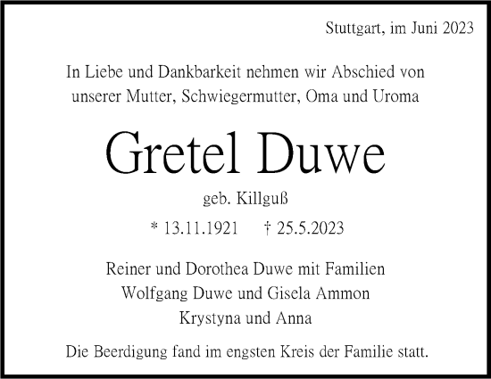 Traueranzeige von Gretel Duwe von Stuttgarter Zeitung / Stuttgarter Nachrichten