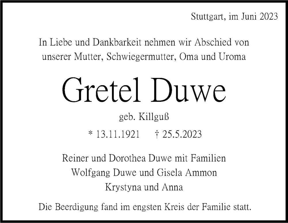 Traueranzeige für Gretel Duwe vom 03.06.2023 aus Stuttgarter Zeitung / Stuttgarter Nachrichten